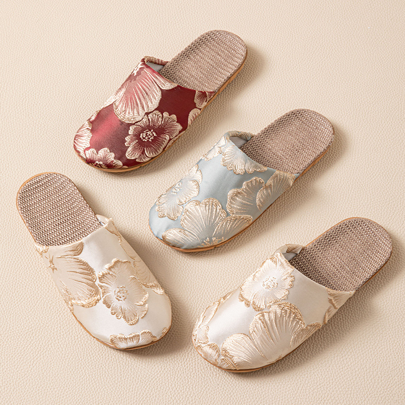 Mule Slip On - Elegante Seiden-Mule-Hausschuhe für Damen, Blumenmuster, Leinen,