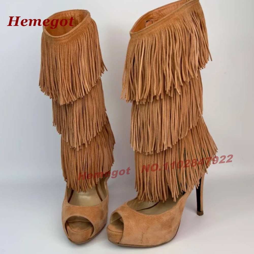 Mehrstufige Fransen-Peeptoe-Hi – Knee High Boots Women Bewertung und Preis